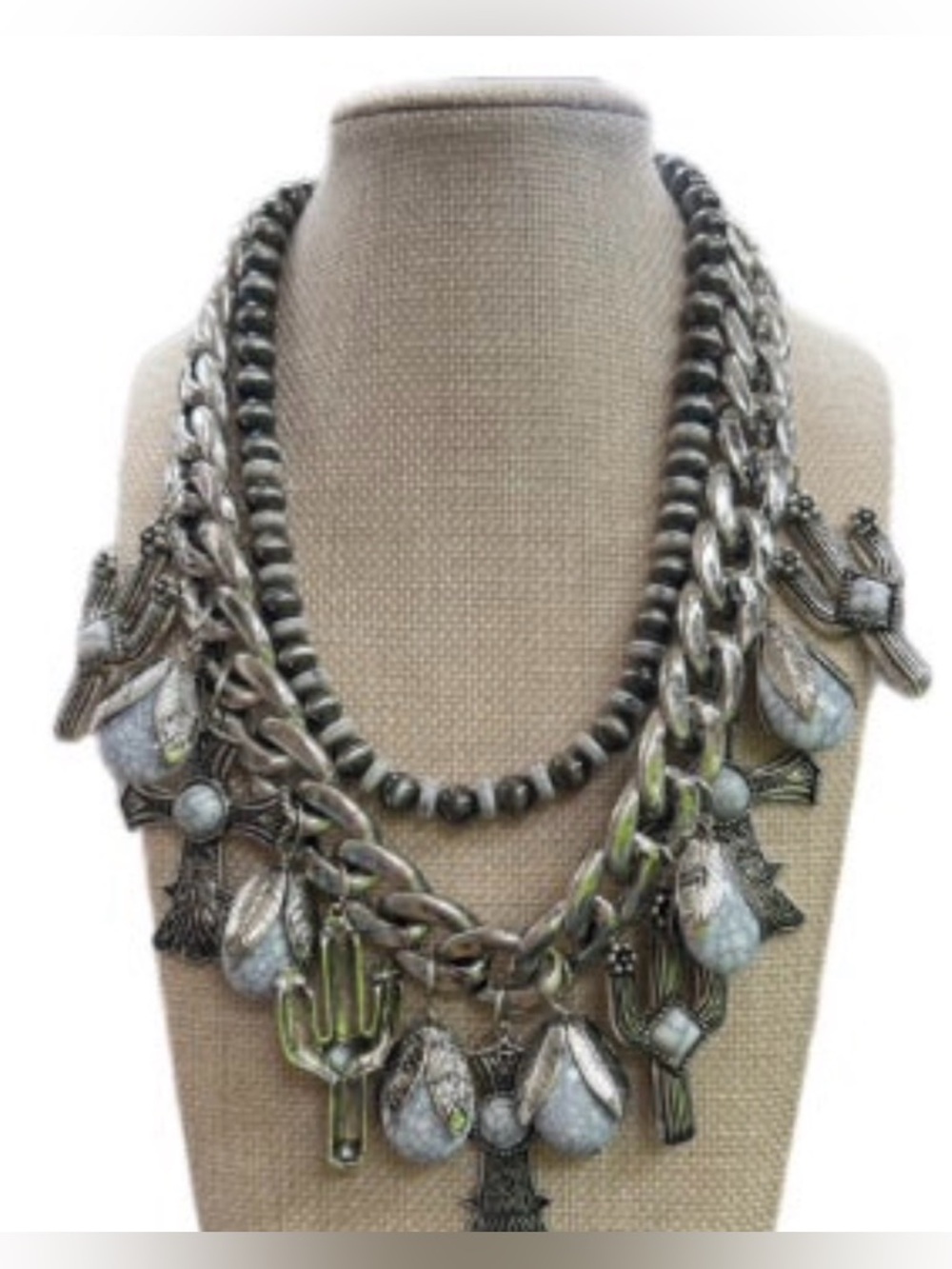 DB Cross Cactus Layered Charmed Necklace New